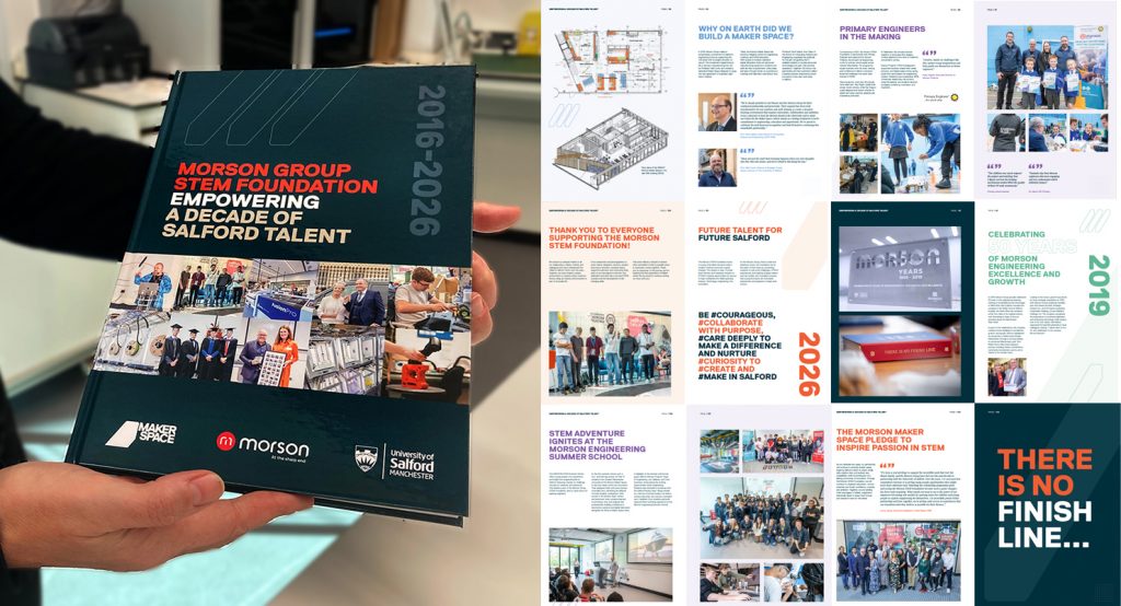 The Morson Group STEM Foundation 10 year celebration book with a snapshot of chapters from inside the book itself.